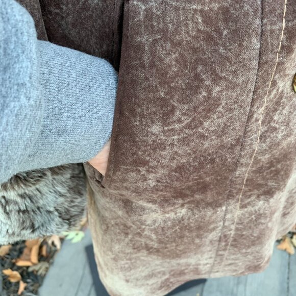 Vintage Penny Lane Pea Coat Faux Suede Fur Trim Double Breasted Overcoat - Picture 4 of 16